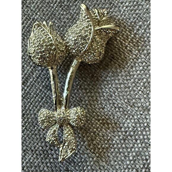 Vintage Rhinestone Rose Long Stem Brooch Scarf Lapel Pin Silver Tone Cocktail - Picture 4 of 4